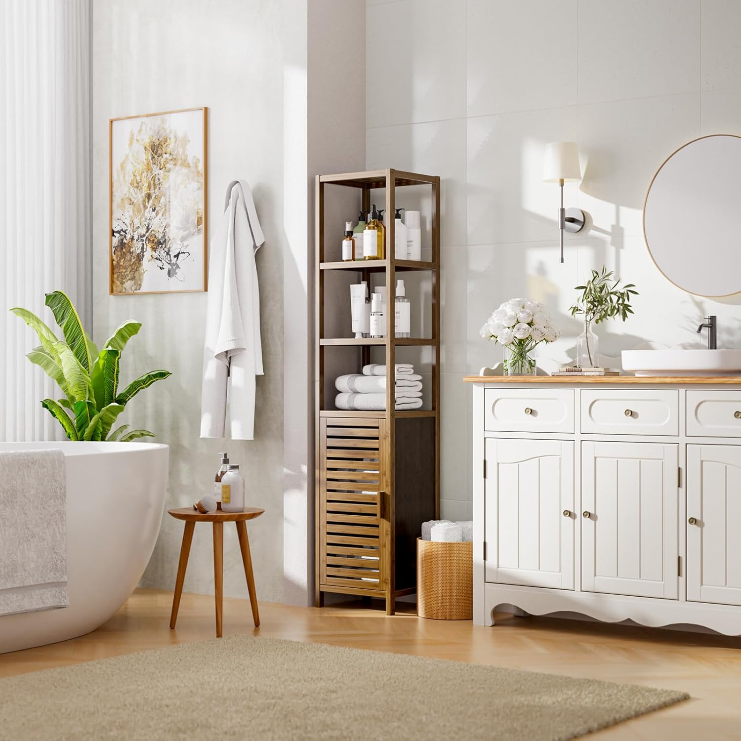 Bamboo Tall Storage Cabinet Walnut Open Shelf Door Unit
