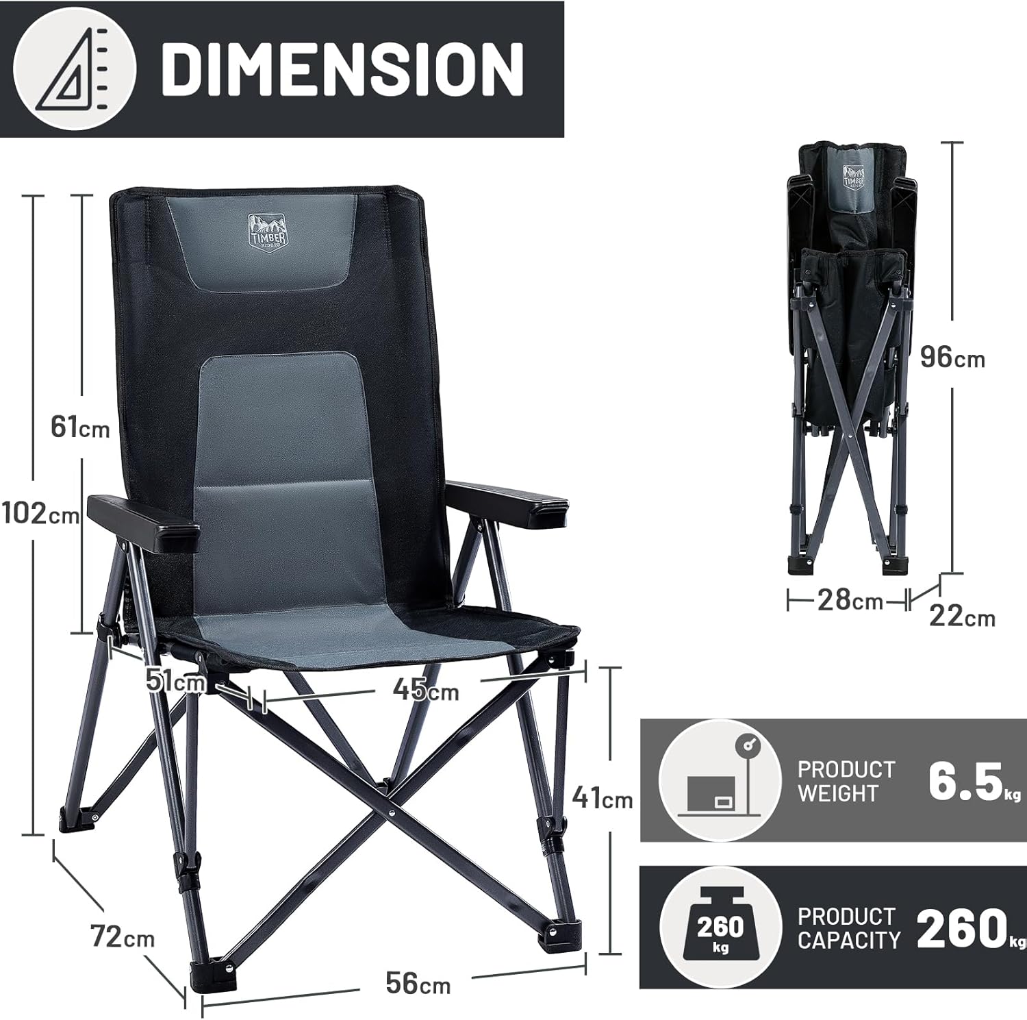 Heavy Duty Reclining Camping Chair 260kg Black