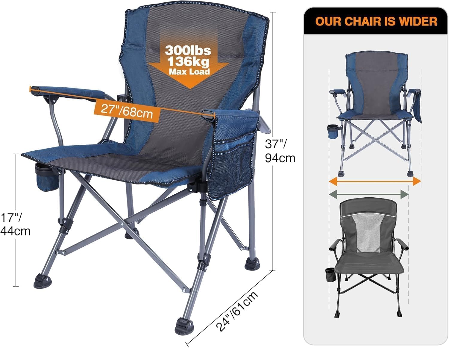 Oversized Folding Camping Chair 200kg Heavy Duty Blue