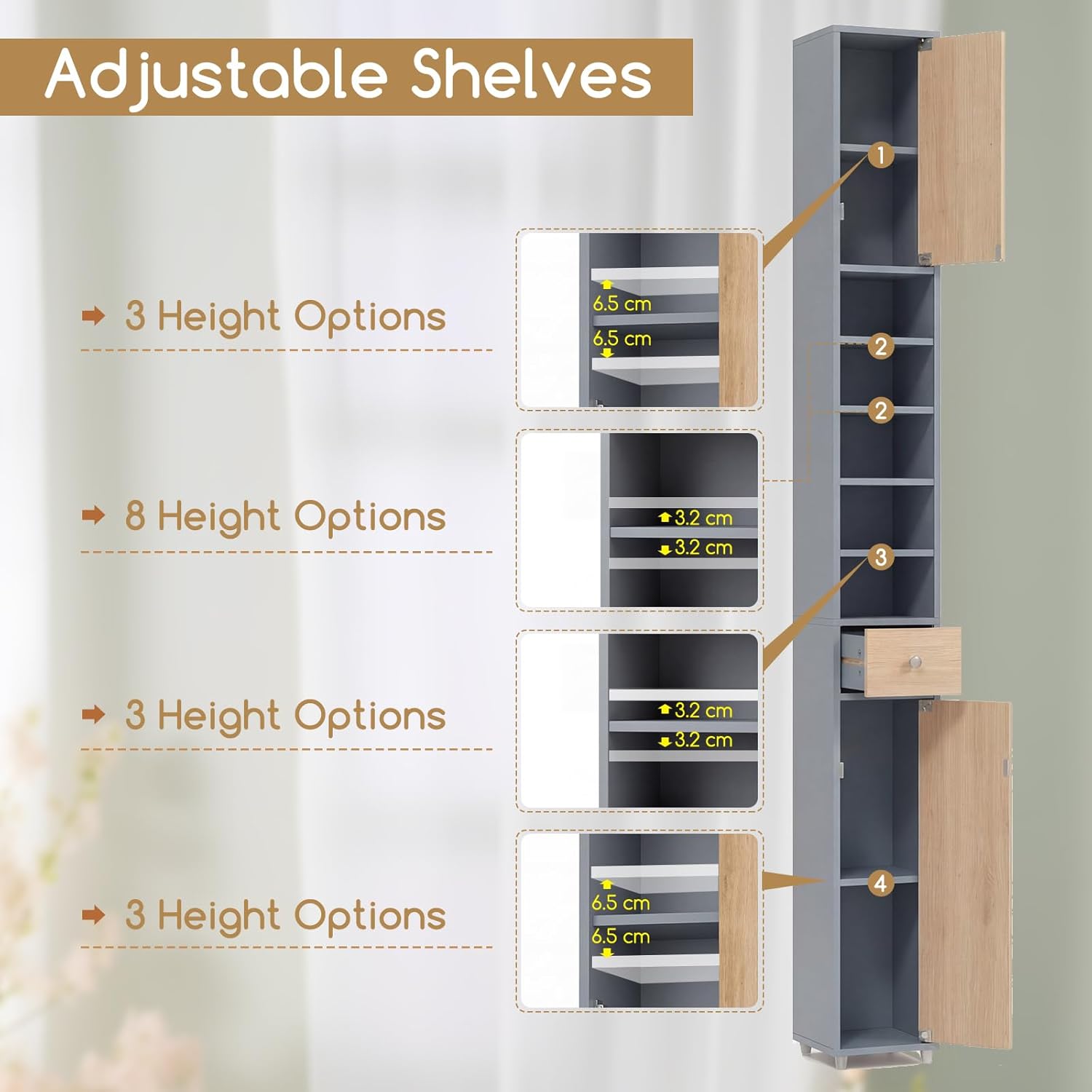 Tall Bathroom Storage Cabinet Slim Drawer Shelf Cupboard Grey Natural