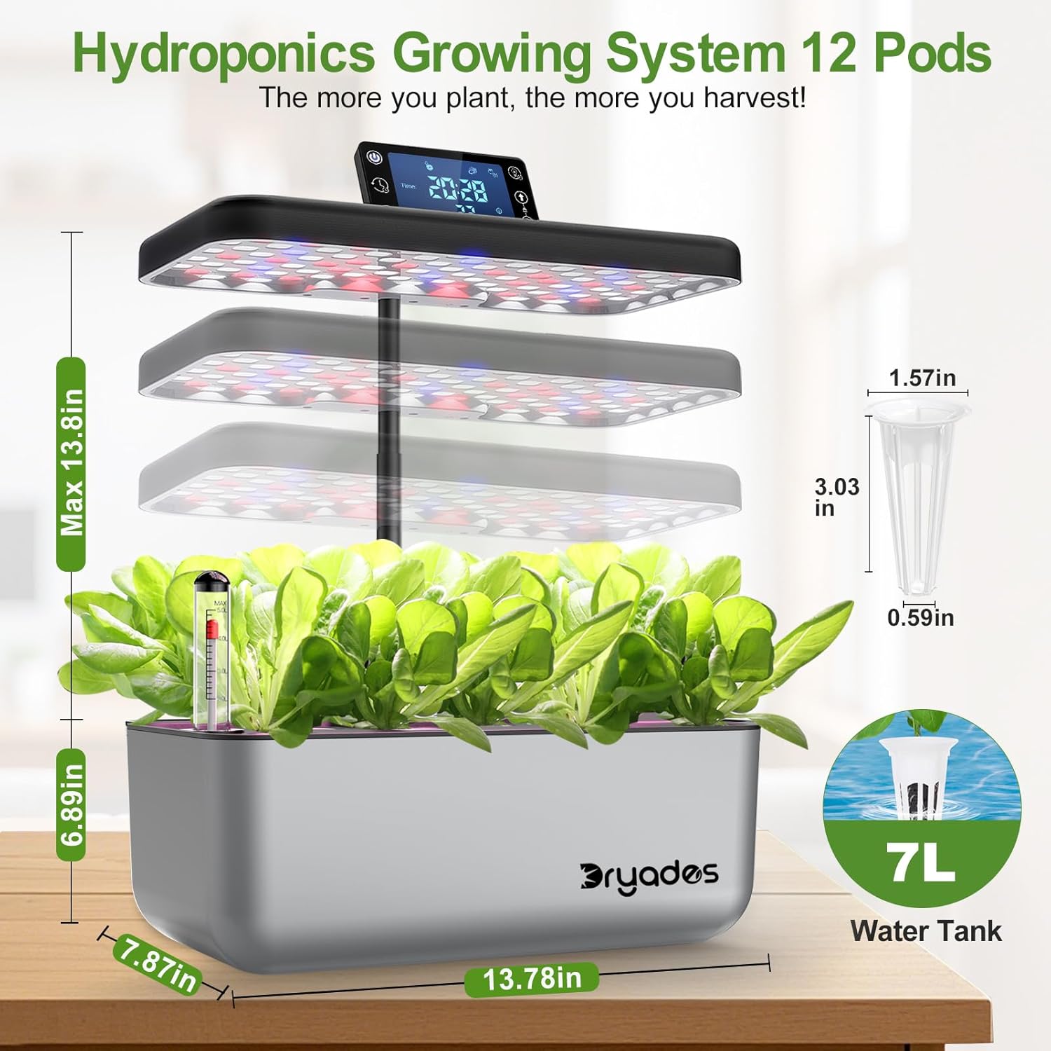 Hydroponic Growing System 12 Pods LED Indoor Herb Garden Silver