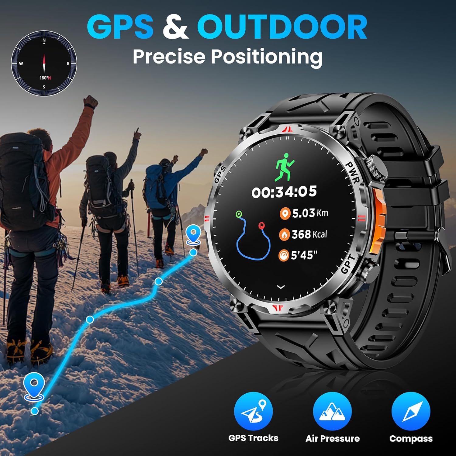 Military GPS Smart Watch AMOLED Bluetooth Call Compass Fitness Watch