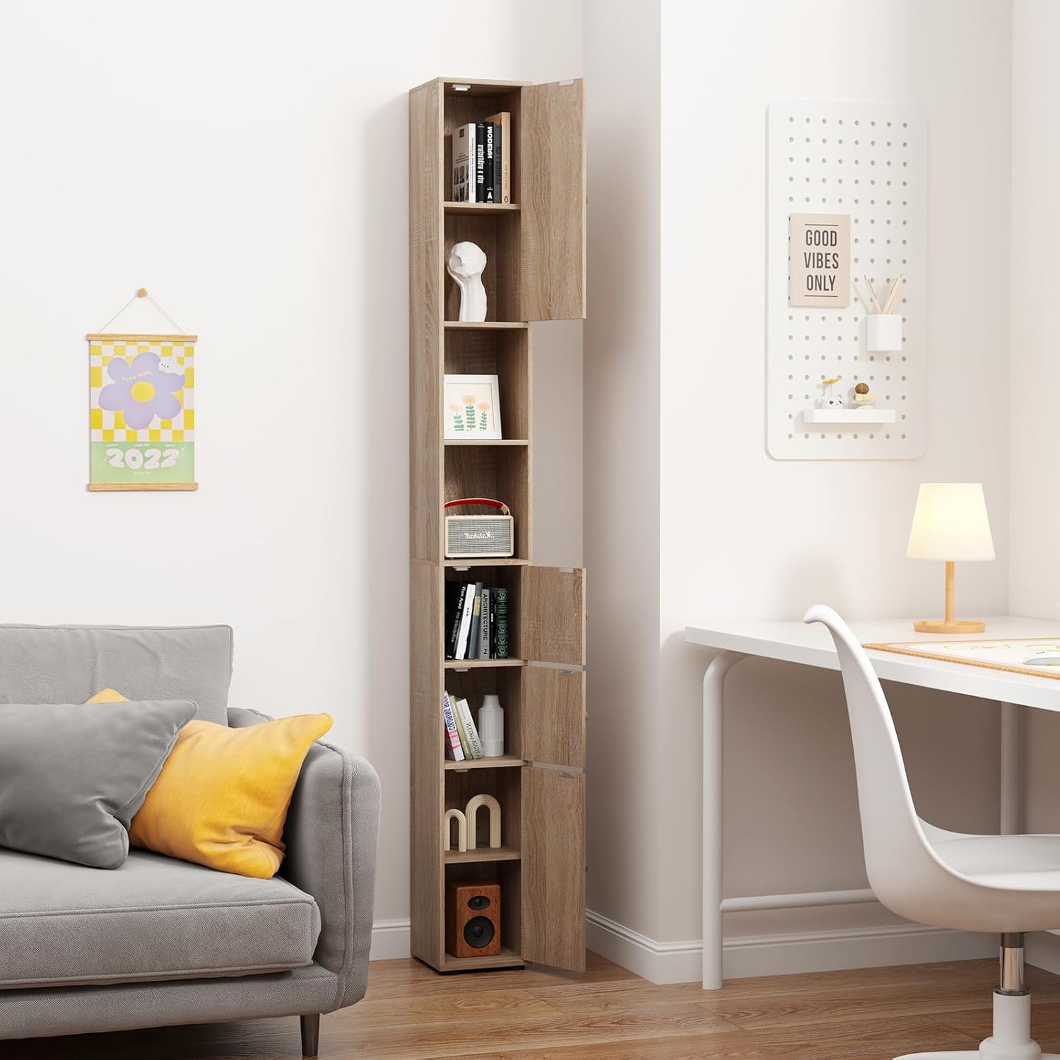 Tall Slim Bathroom Storage Cabinet 4 Doors Maple 180cm