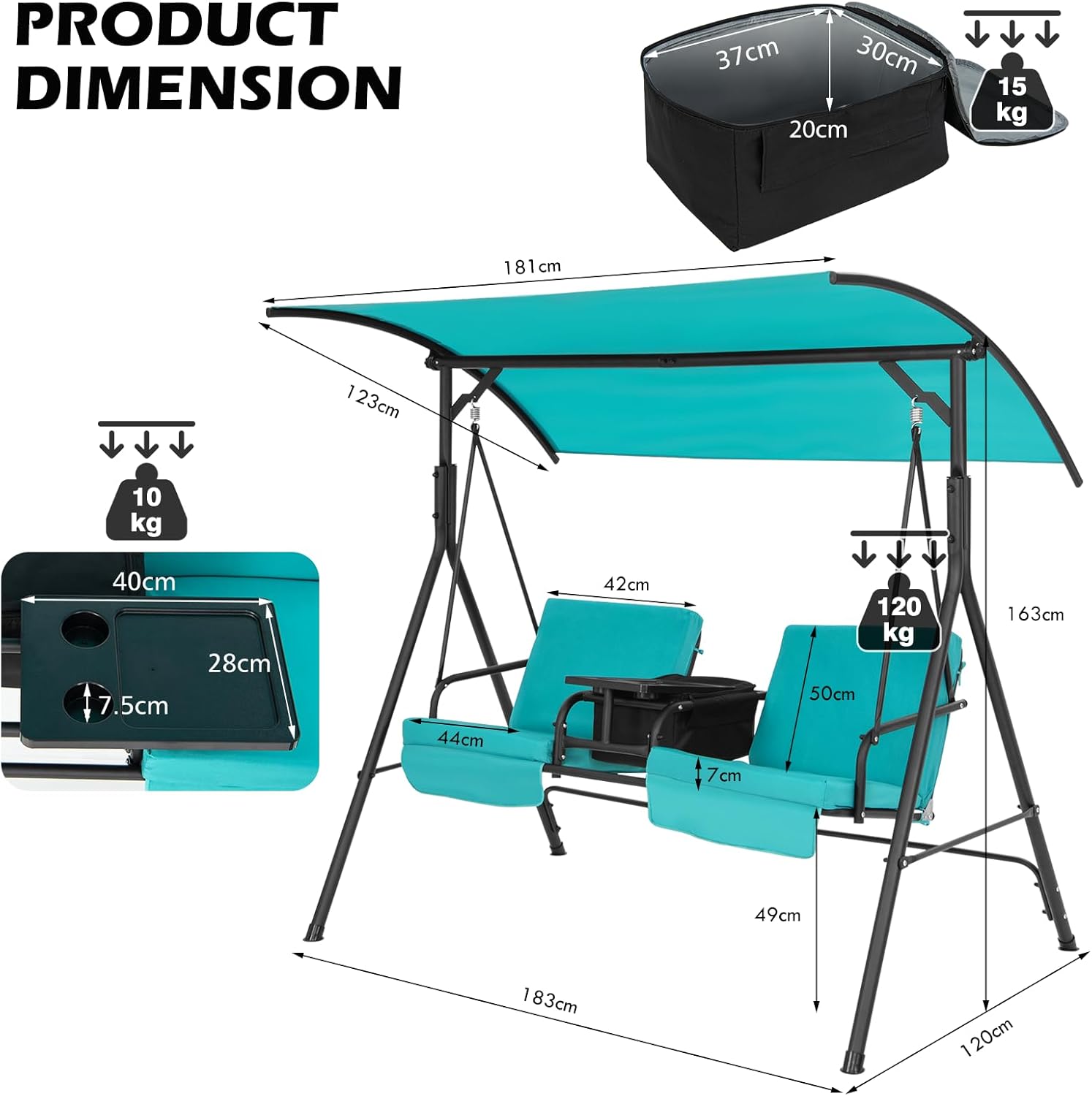 2 Person Garden Swing Chair Canopy Cooler Tray Turquoise