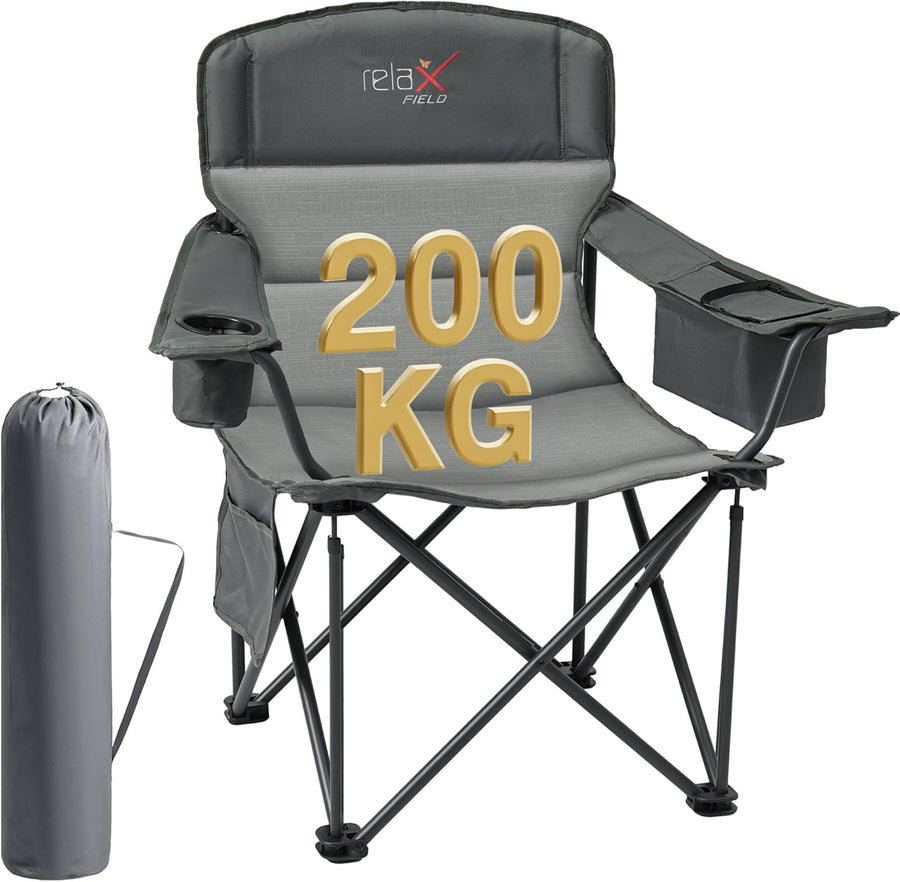 Oversized Camping Chair Heavy Duty Folding 200KG Cup Holder Cooler Grey
