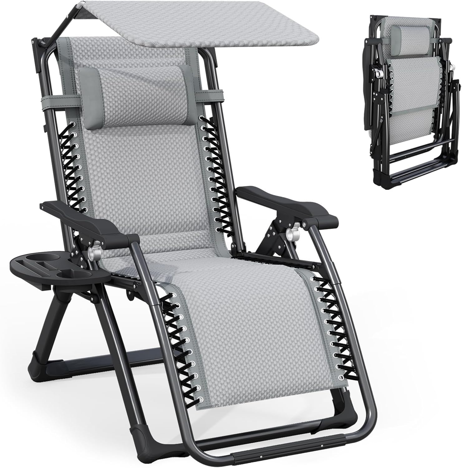 Zero Gravity Lounge Chair Foldable Recliner Canopy Cup Holder Grey