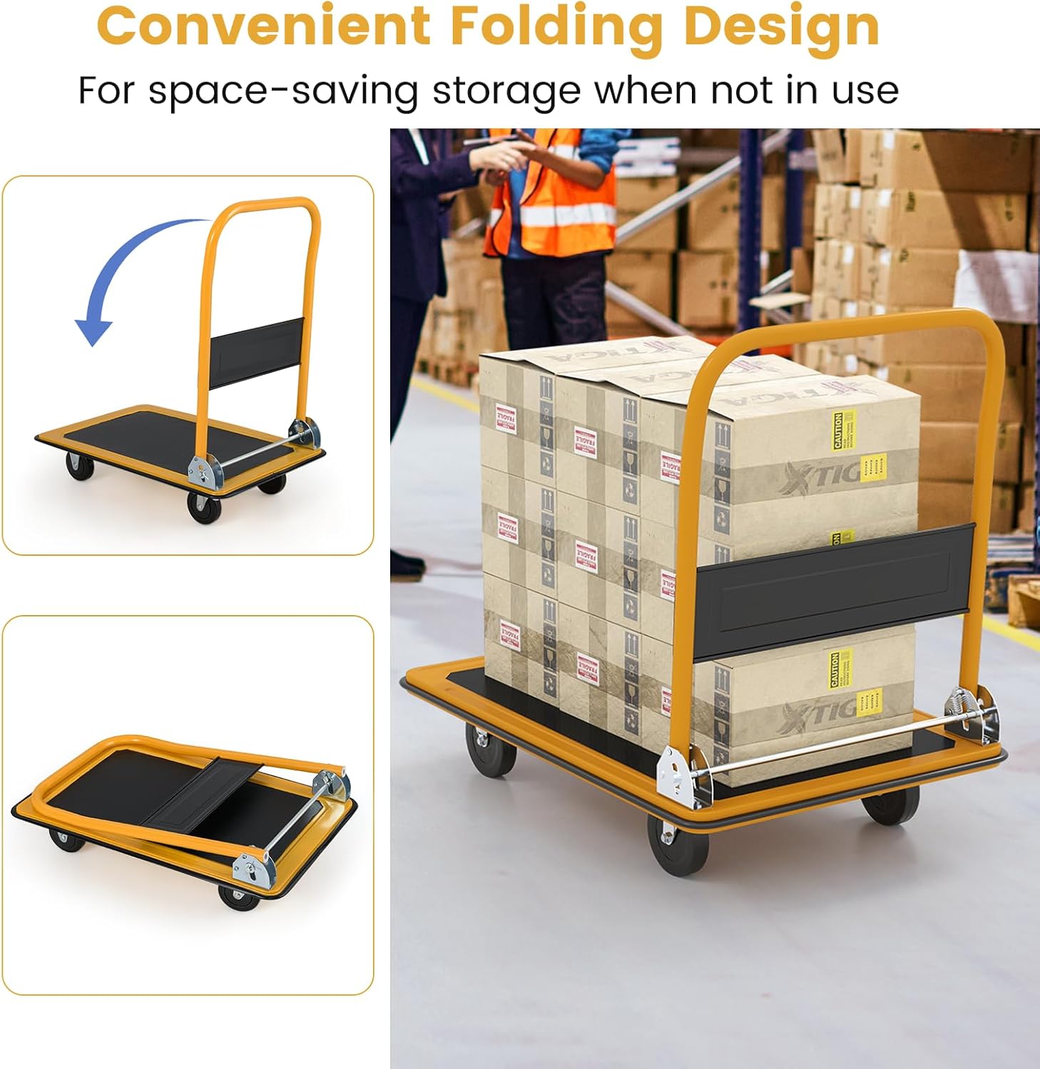 Folding Push Cart Dolly 300KG Flatbed Trolley Black Yellow