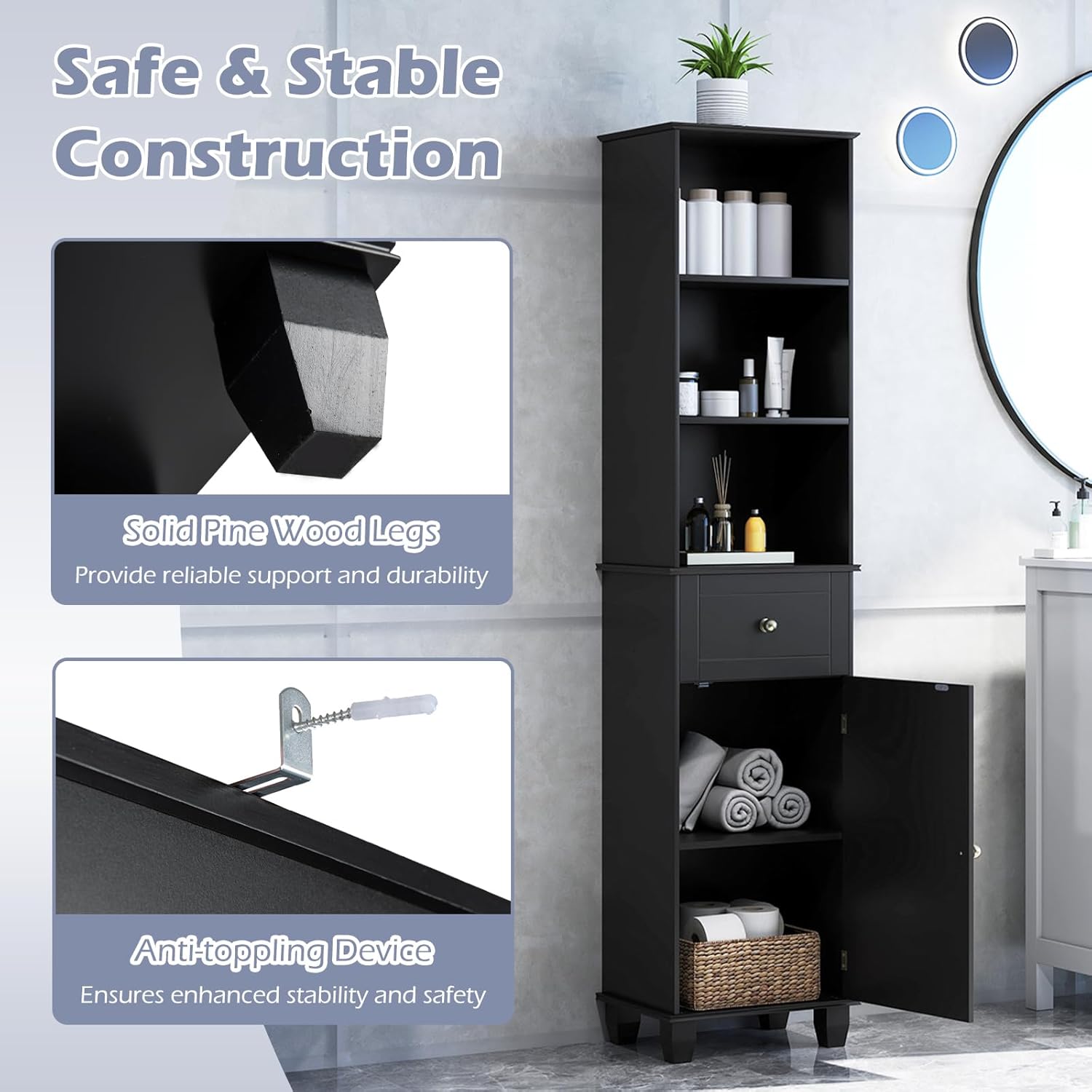 Tall Bathroom Cabinet Black Shelf Drawer Door Unit