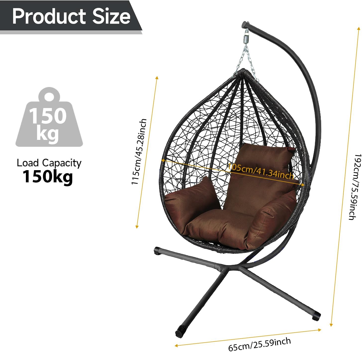 Rattan Hanging Egg Chair with Stand Cushion Black Brown