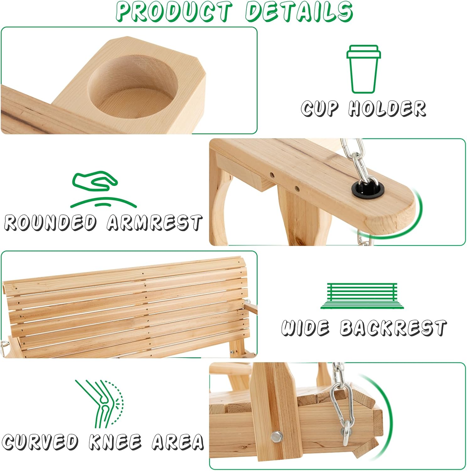 2 Seater Wooden Garden Swing Bench Cup Holders Natural