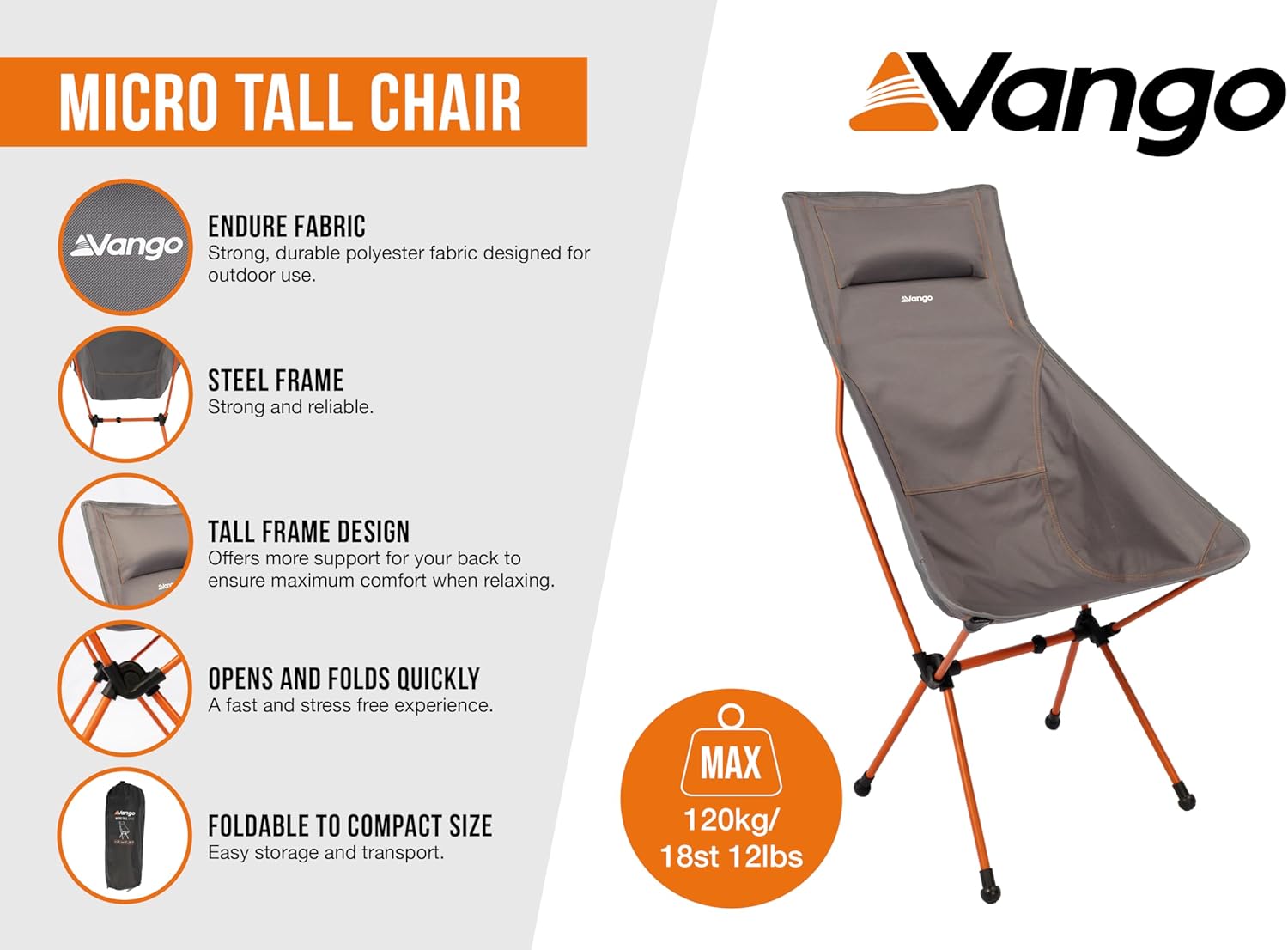 Tall Foldable Camping Chair Compact High Back Grey
