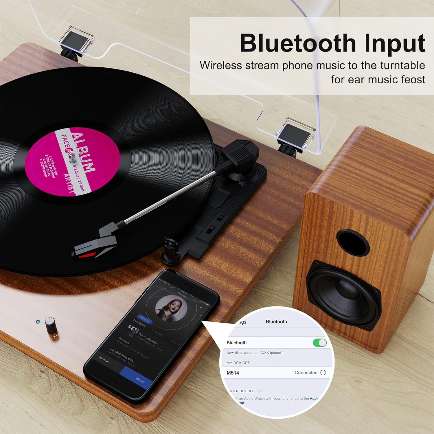 Bluetooth Vinyl Record Player 3-Speed Belt Drive Turntable with Stereo Speakers