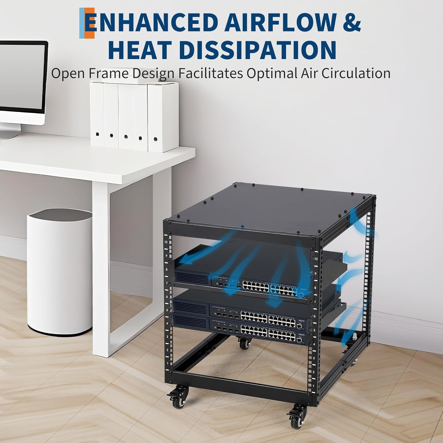 12U Adjustable Open Frame Server Rack with Wheels