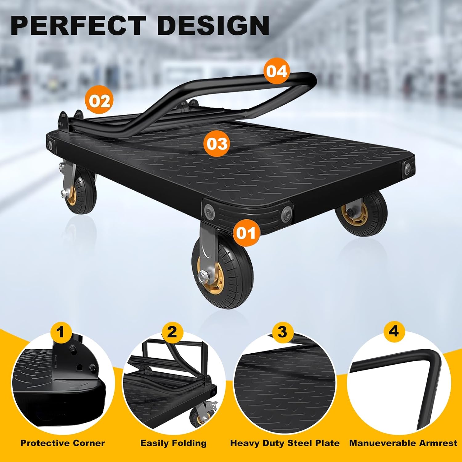 2000lbs Heavy Duty Platform Truck Flat Cart Steel Push Dolly Brake