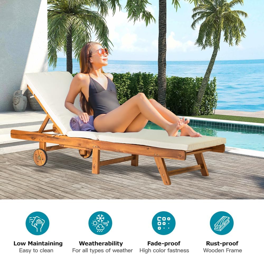 Acacia Wood Sun Lounger Recliner Chair with Wheels Cushion