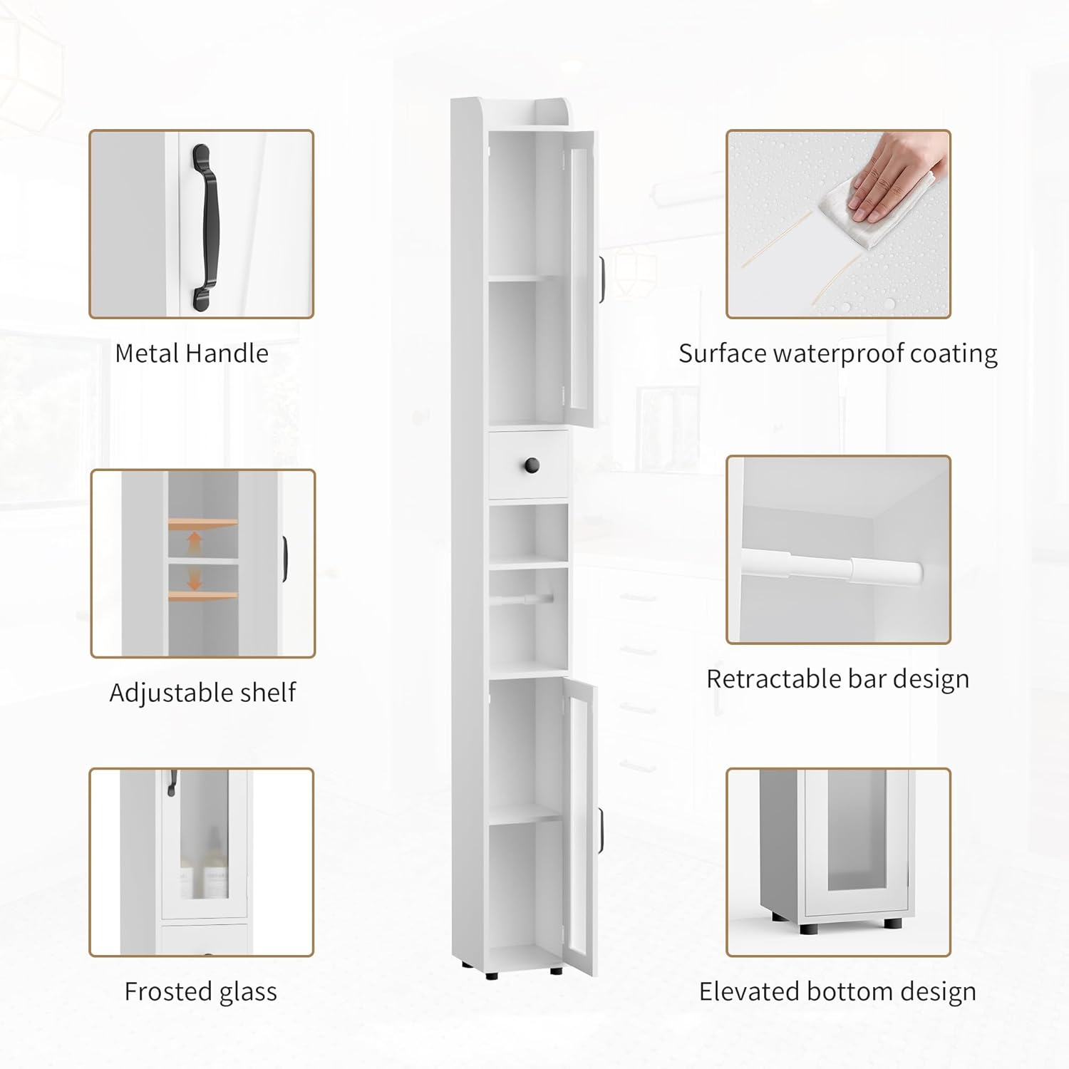 Tall Slim Bathroom Cabinet Frosted Glass Door Drawer 180cm
