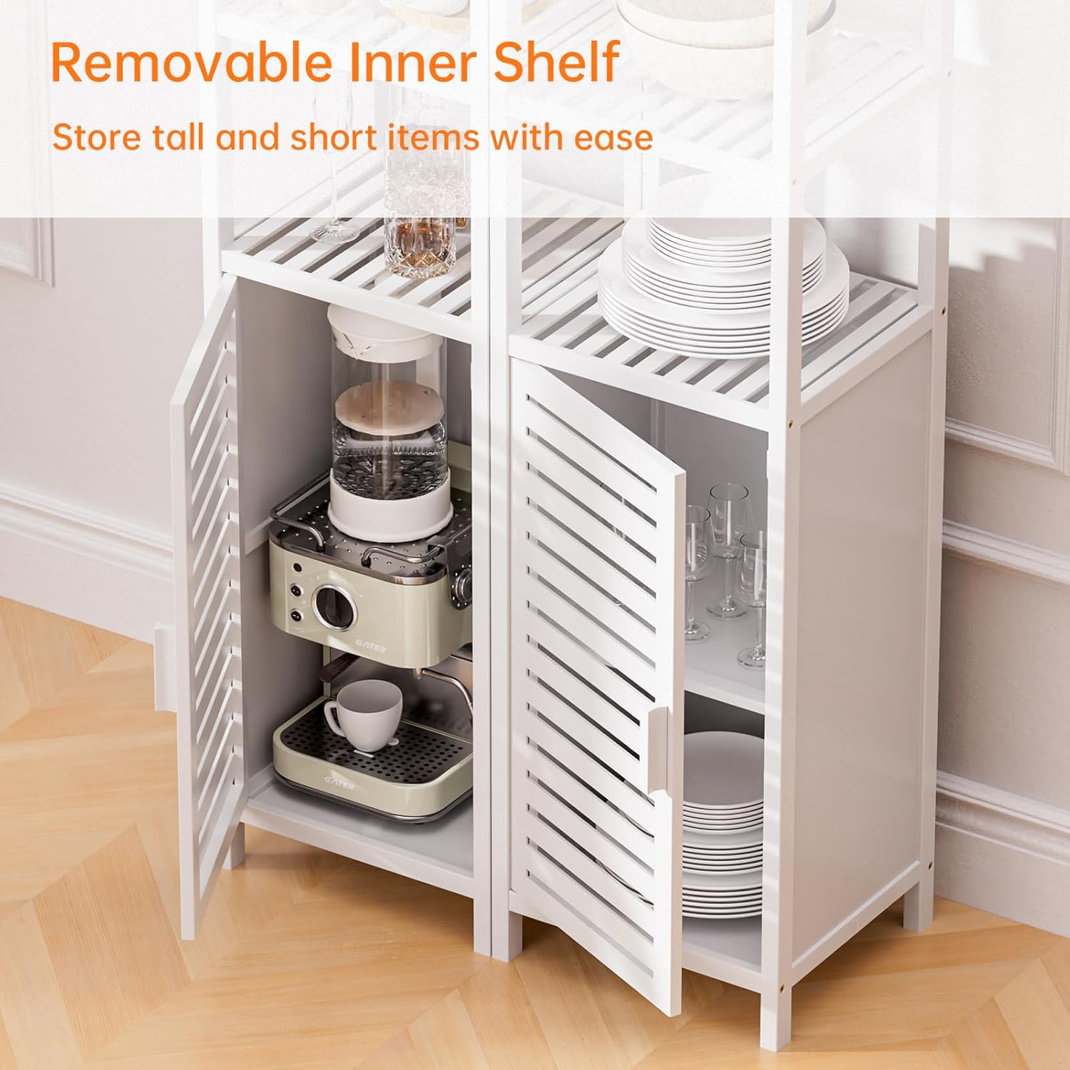 Bamboo Tall Storage Cabinet White Shelf Shutter Door Unit