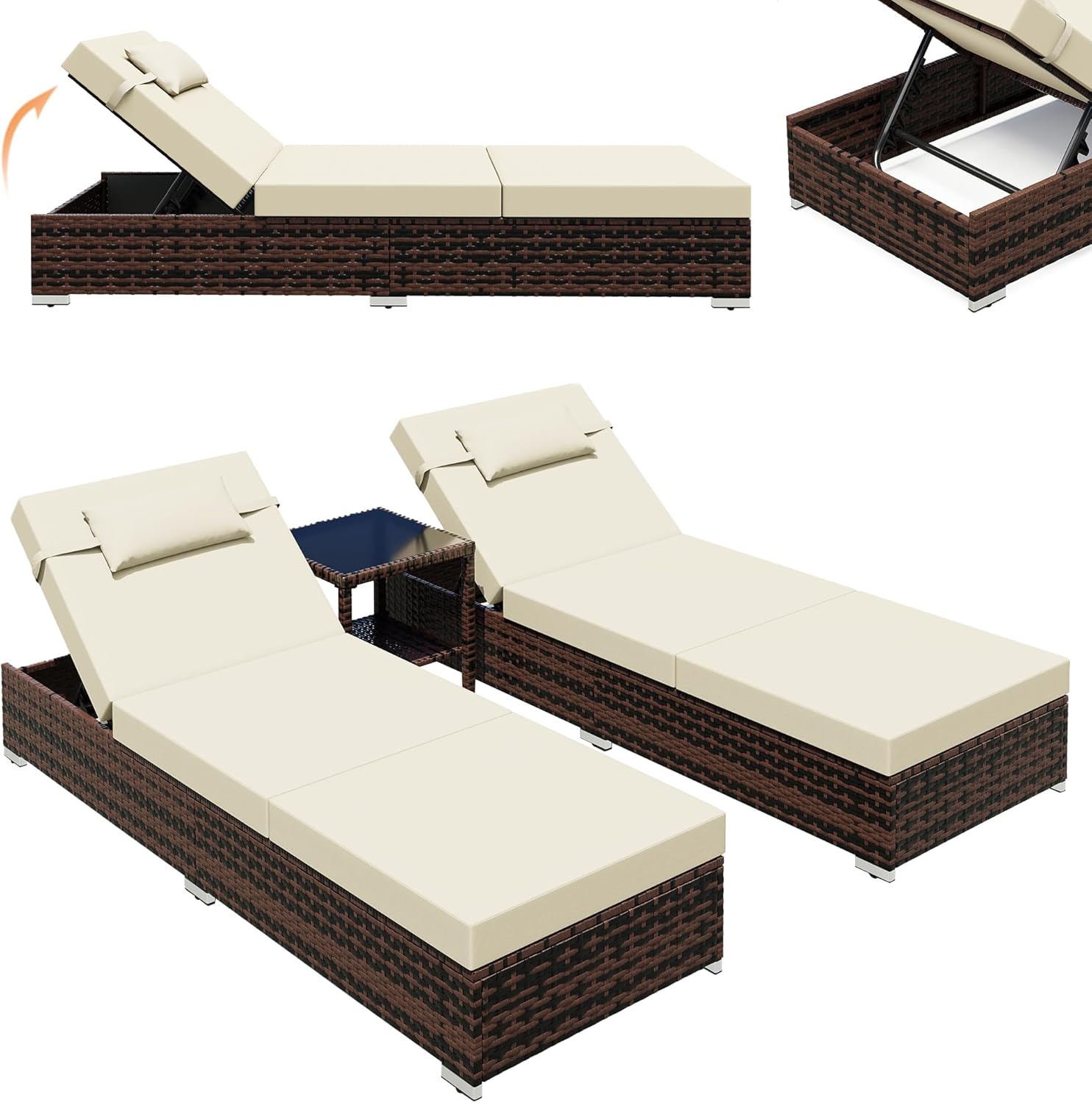 3 Piece Rattan Sun Lounger Set with Table Cushions Brown