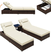 3 Piece Rattan Sun Lounger Set with Table Cushions Brown