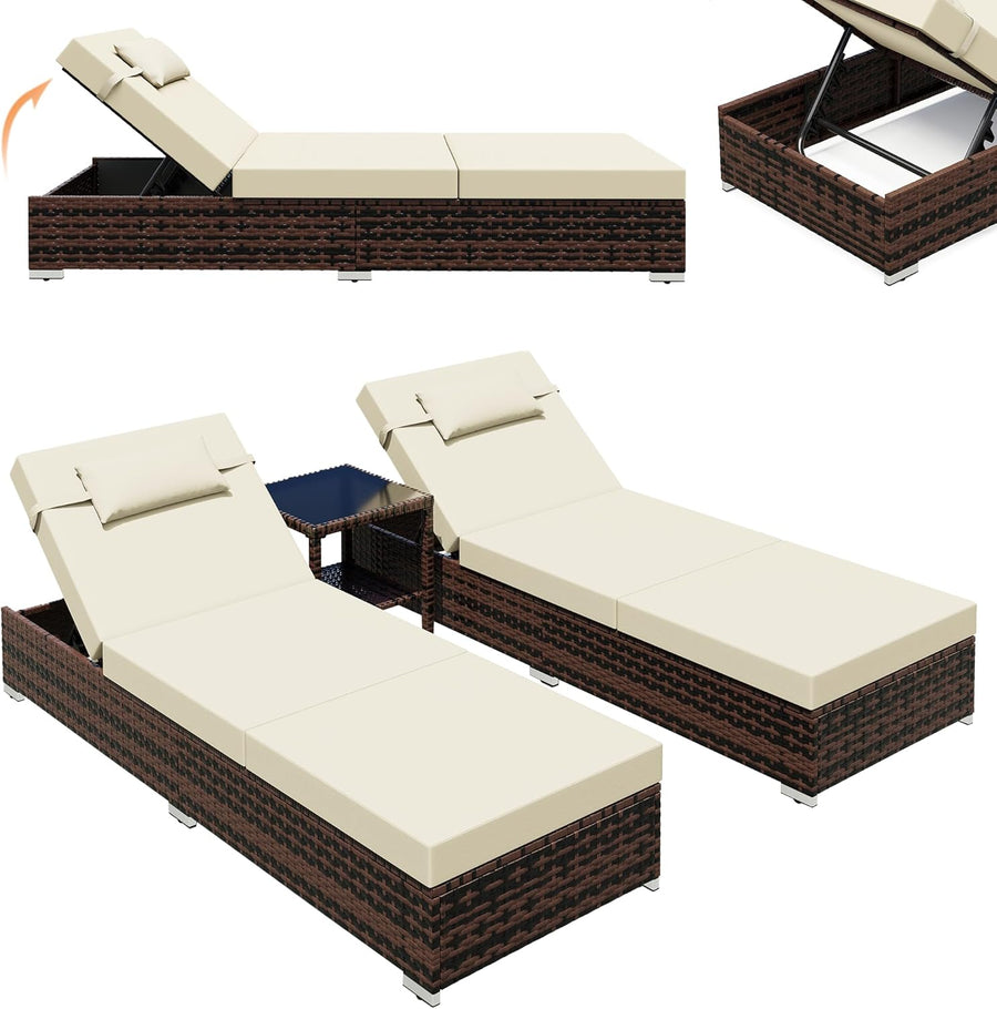 3 Piece Rattan Sun Lounger Set with Table Cushions Brown