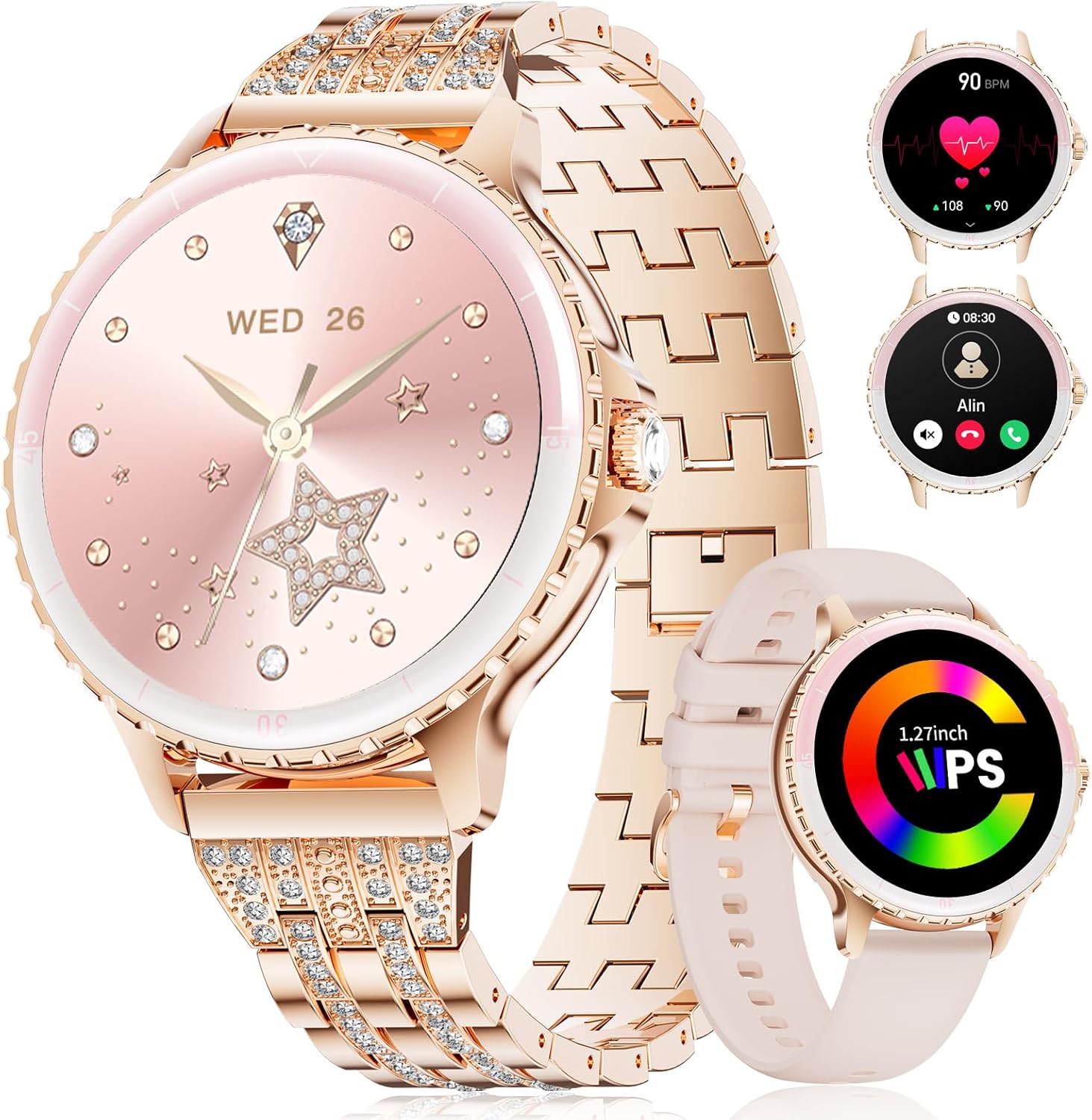 Rose Gold Diamond Smart Watch Bluetooth Call Fitness Tracker