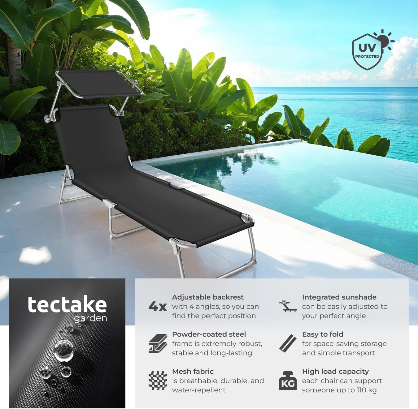 Folding Sun Lounger with Canopy Adjustable Backrest Black