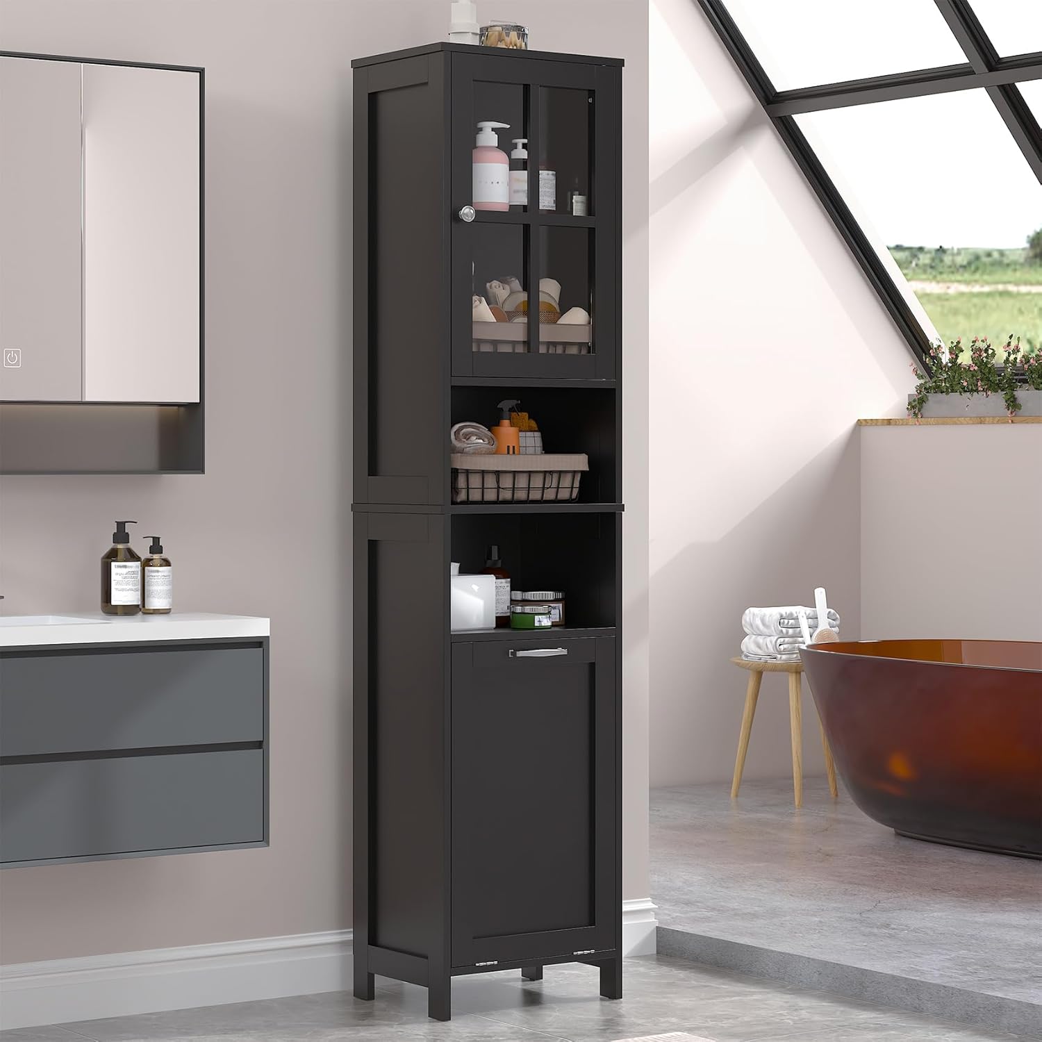 Tall Bathroom Cabinet Laundry Basket Acrylic Door Black 170cm