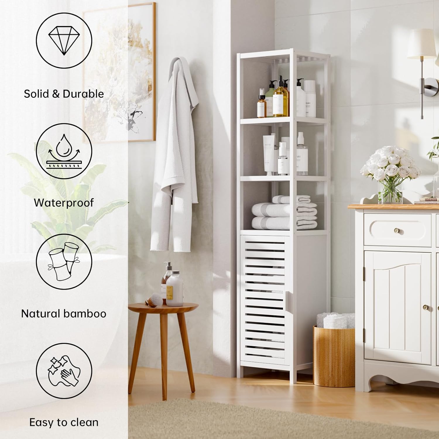 Bamboo Tall Storage Cabinet White Shelf Shutter Door Unit