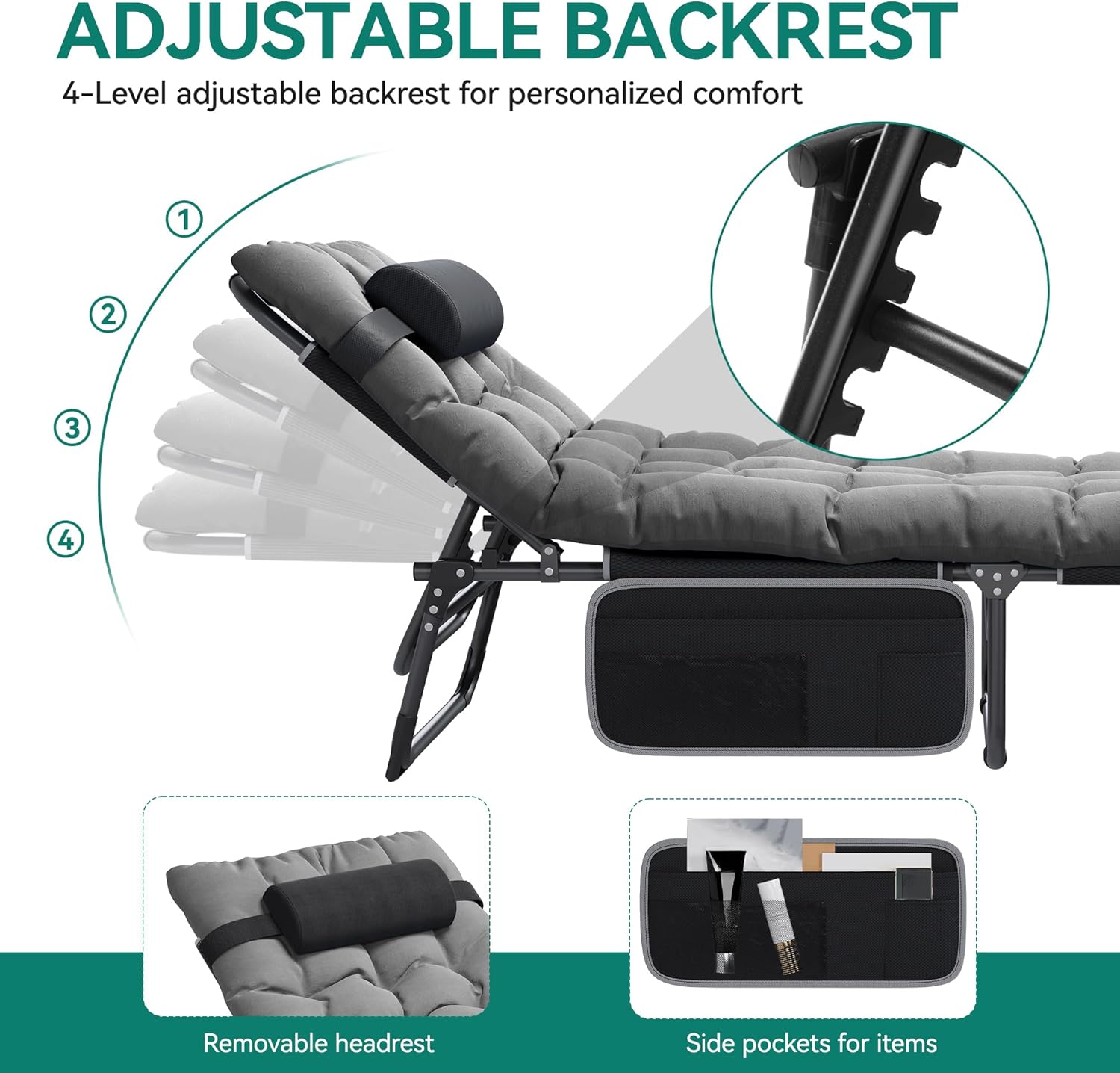 Folding Reclining Sun Lounger Bed with Cushion Grey
