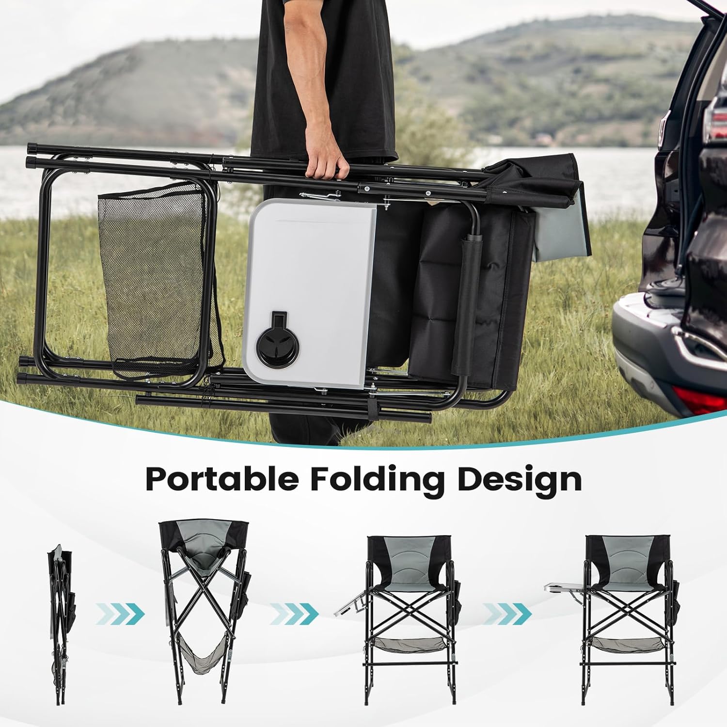 Tall Folding Directors Chair with Side Table Footrest