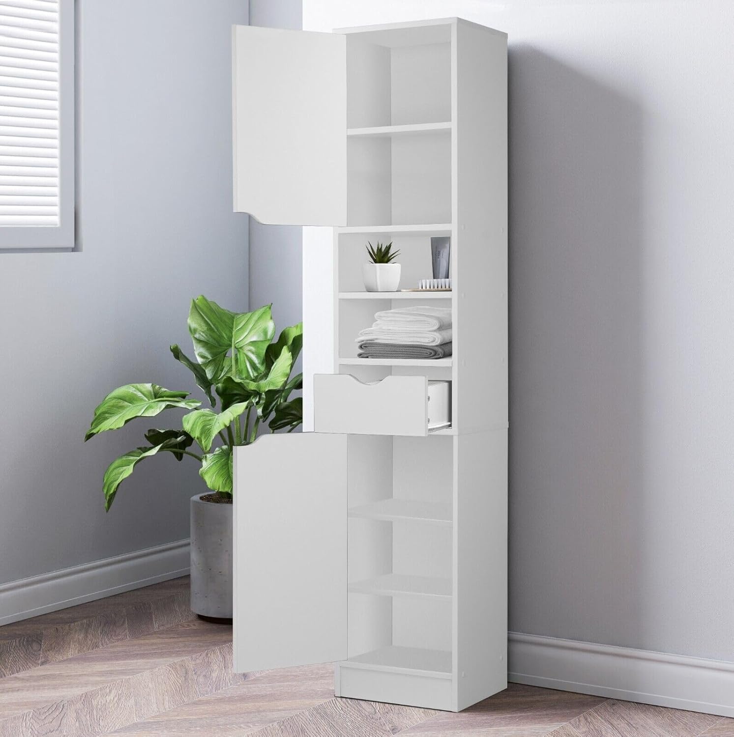 Tall Bathroom Storage Cabinet 8 Shelf Drawer Door Unit White