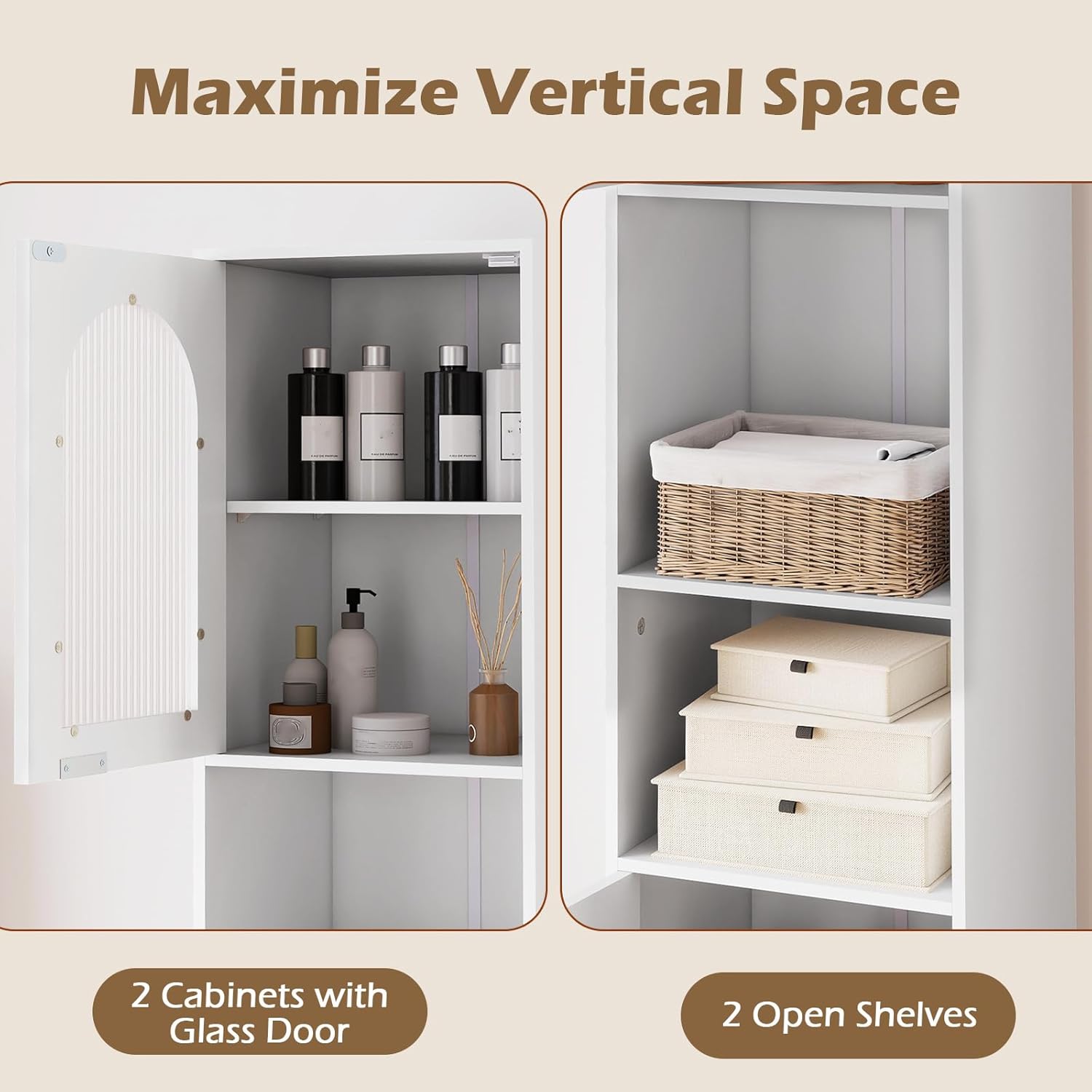 Tall Slim Storage Cabinet White Glass Door Shelves Unit