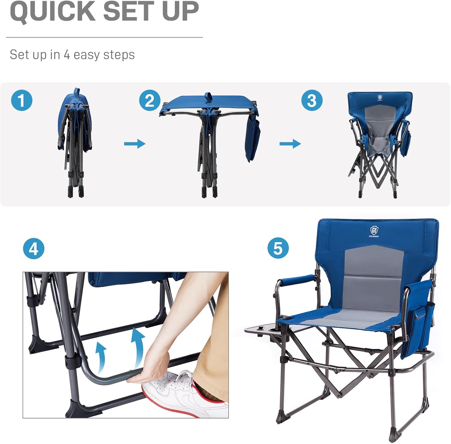 Heavy Duty Folding Directors Chair 180kg Side Table Blue