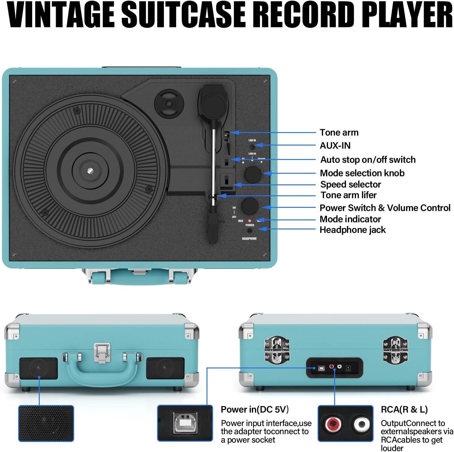 3-Speed Bluetooth Vinyl Turntable Record Player with Built-in Speakers