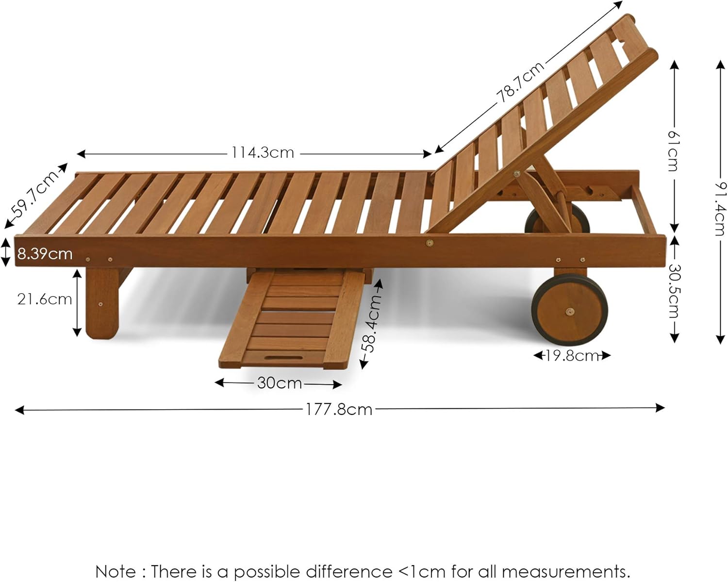 Wooden Outdoor Lounger Chair with Pull Out Tray Natural Patio