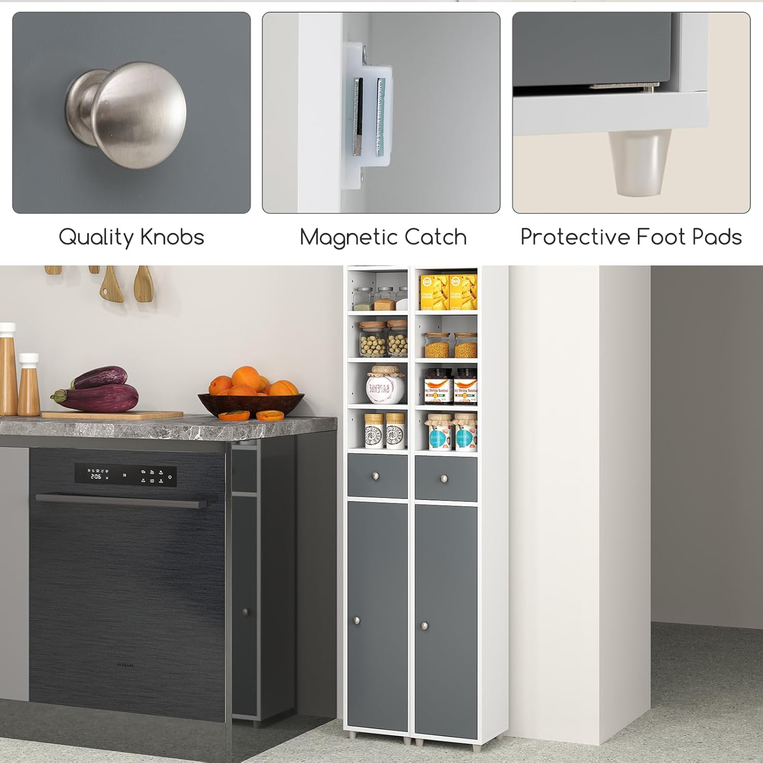 Tall Slim Bathroom Storage Cabinet Drawer Shelves Grey White