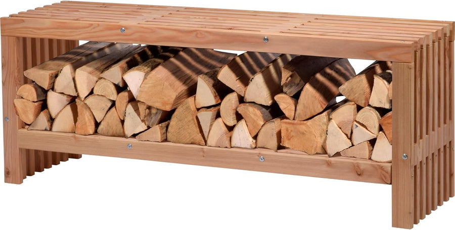 Wooden Garden Bench with Firewood Storage Douglas Fir Seat
