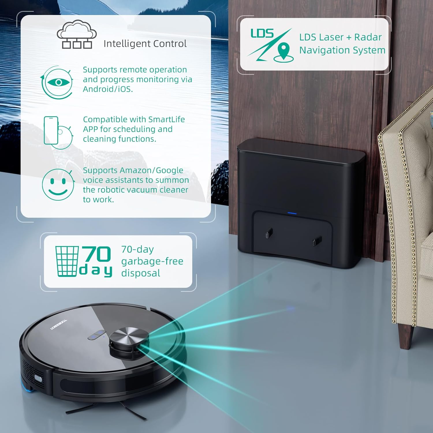 Robot Vacuum Mop Self Empty 4500Pa LiDAR WiFi Smart Clean