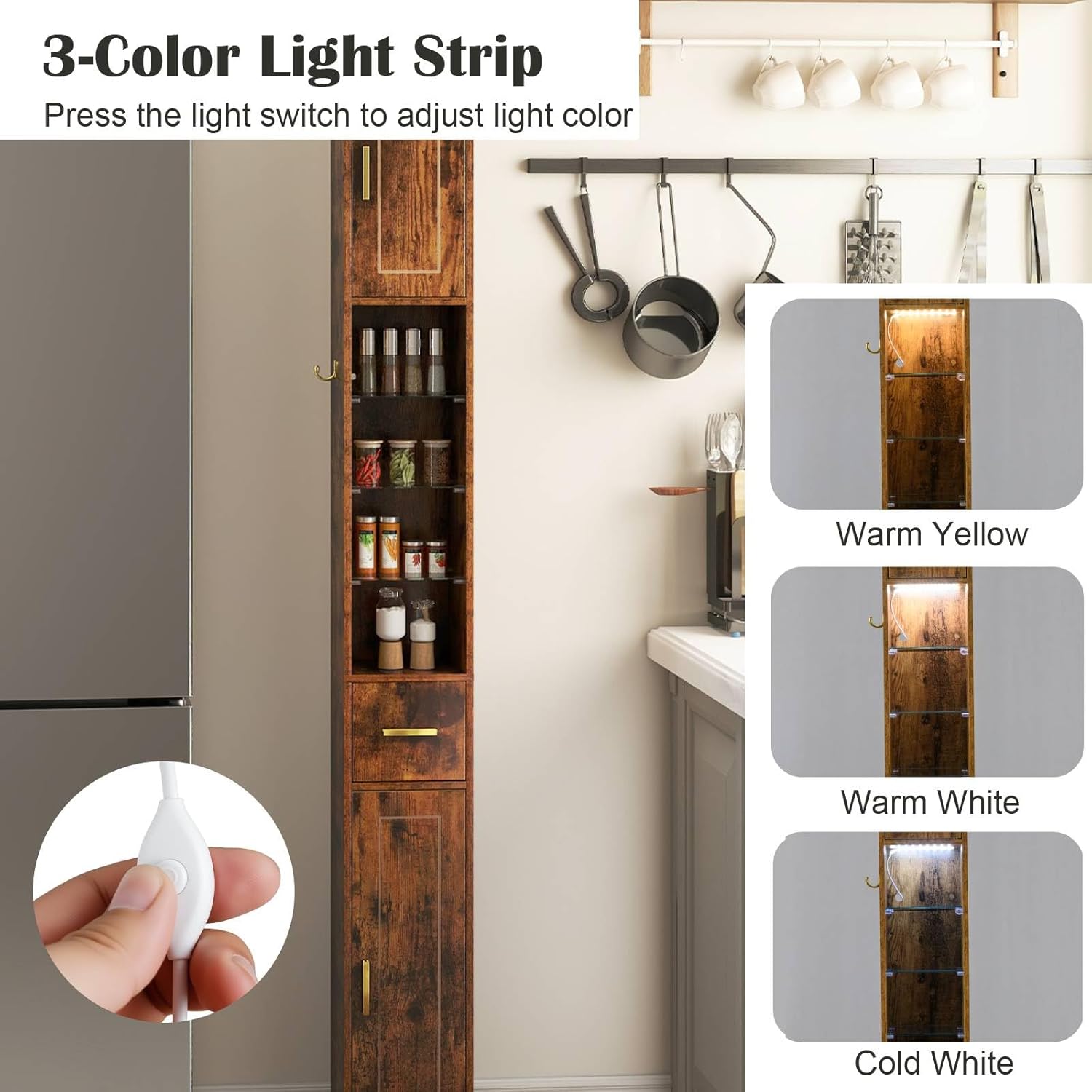 Tall Slim Storage Cabinet Rustic Brown LED Shelf Hook Unit