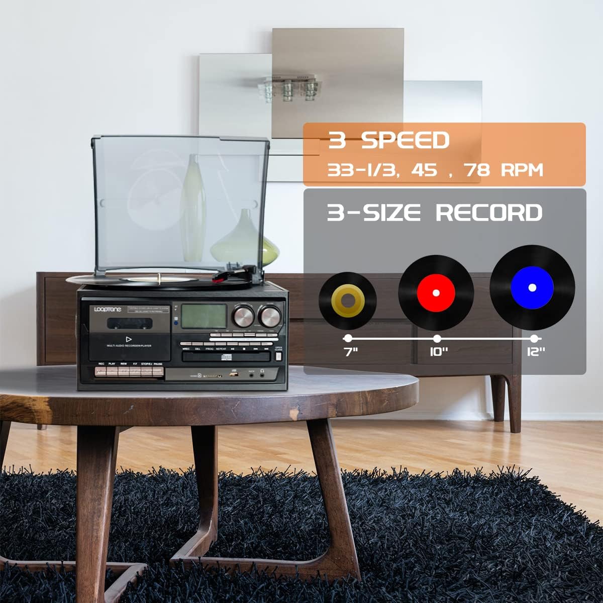 Bluetooth Vinyl Record Player 10 in 1 3 Speed Turntable Retro Black