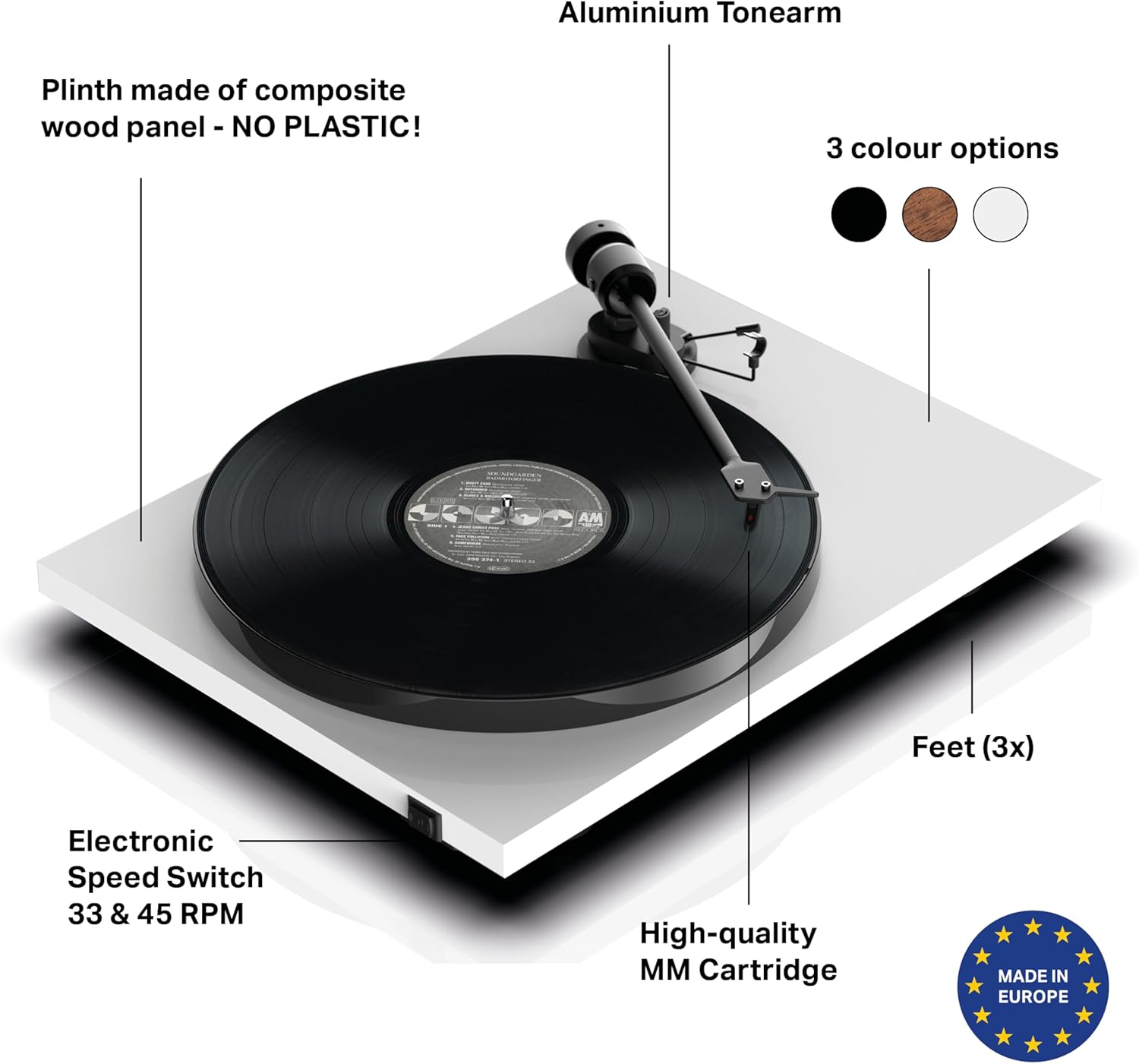 Bluetooth Belt Drive Record Player White 33 45 RPM Turntable