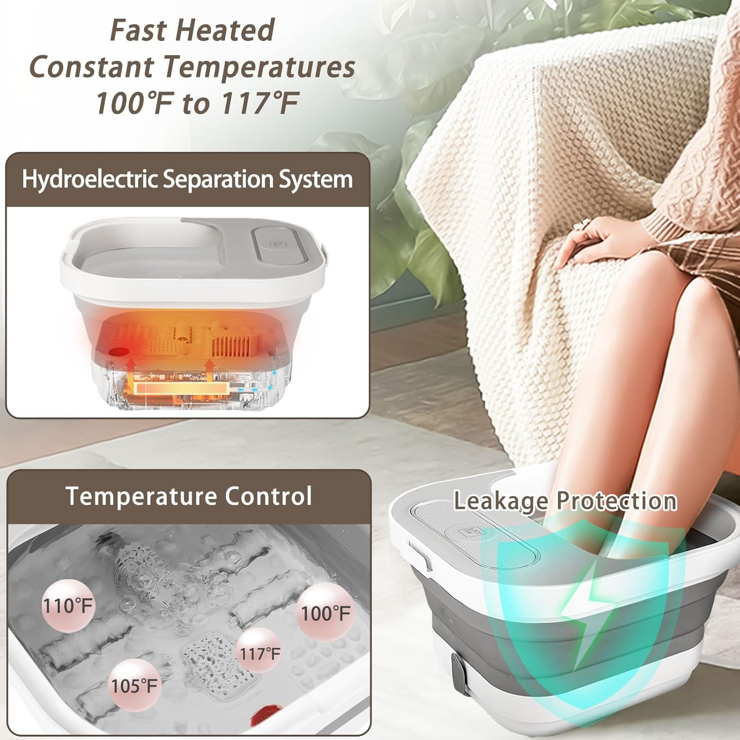 Foldable Foot Spa Bath Heat Bubble Rollers Pedicure Kit Temp Control