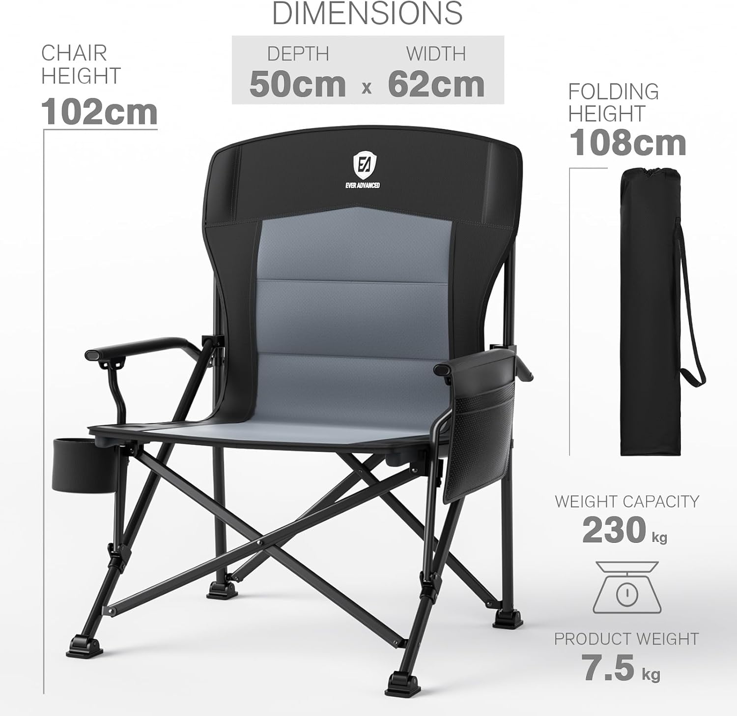 Oversized Folding Camping Chair 230kg Heavy Duty Black