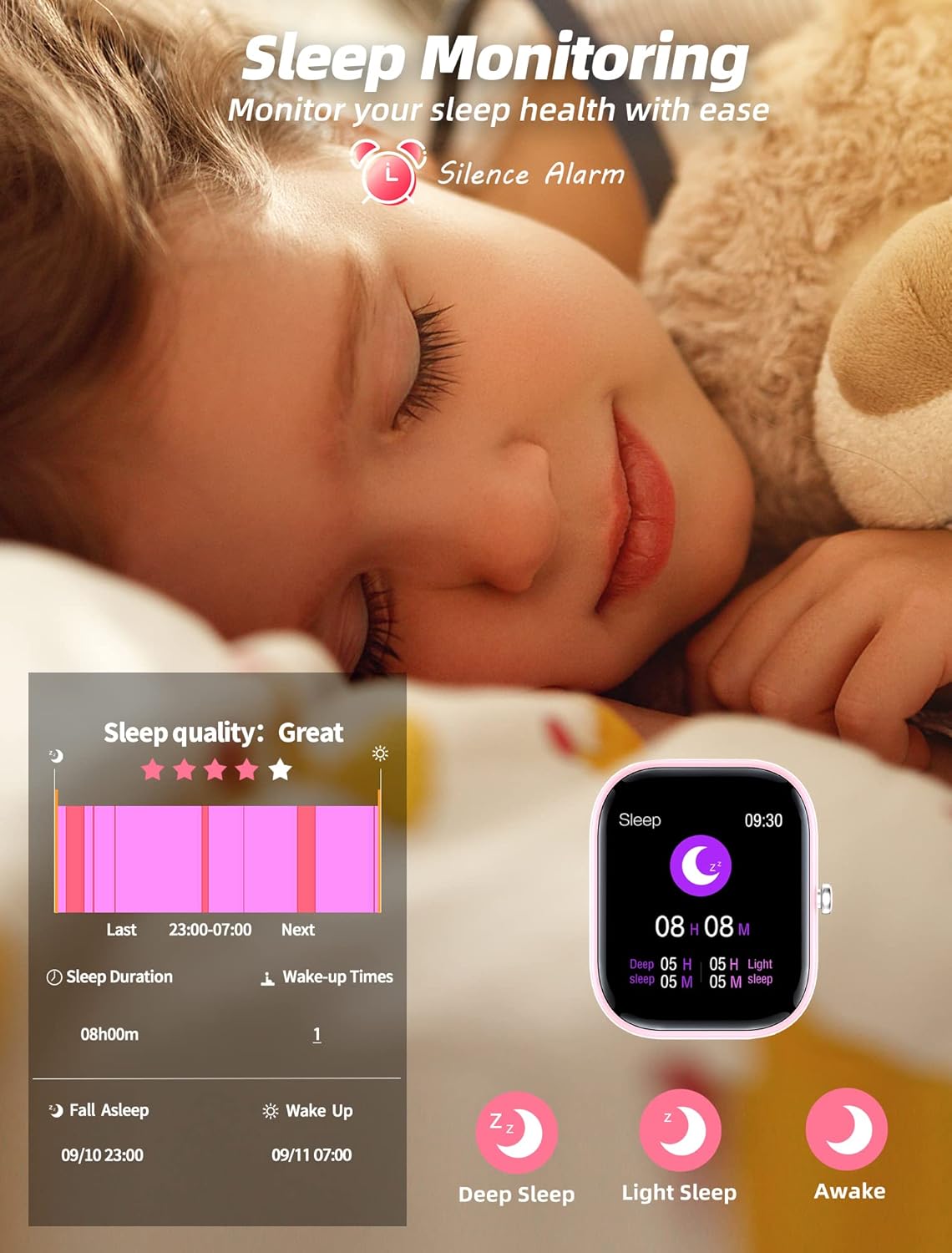 Kids Fitness Smart Watch Pink Heart Sleep Tracker
