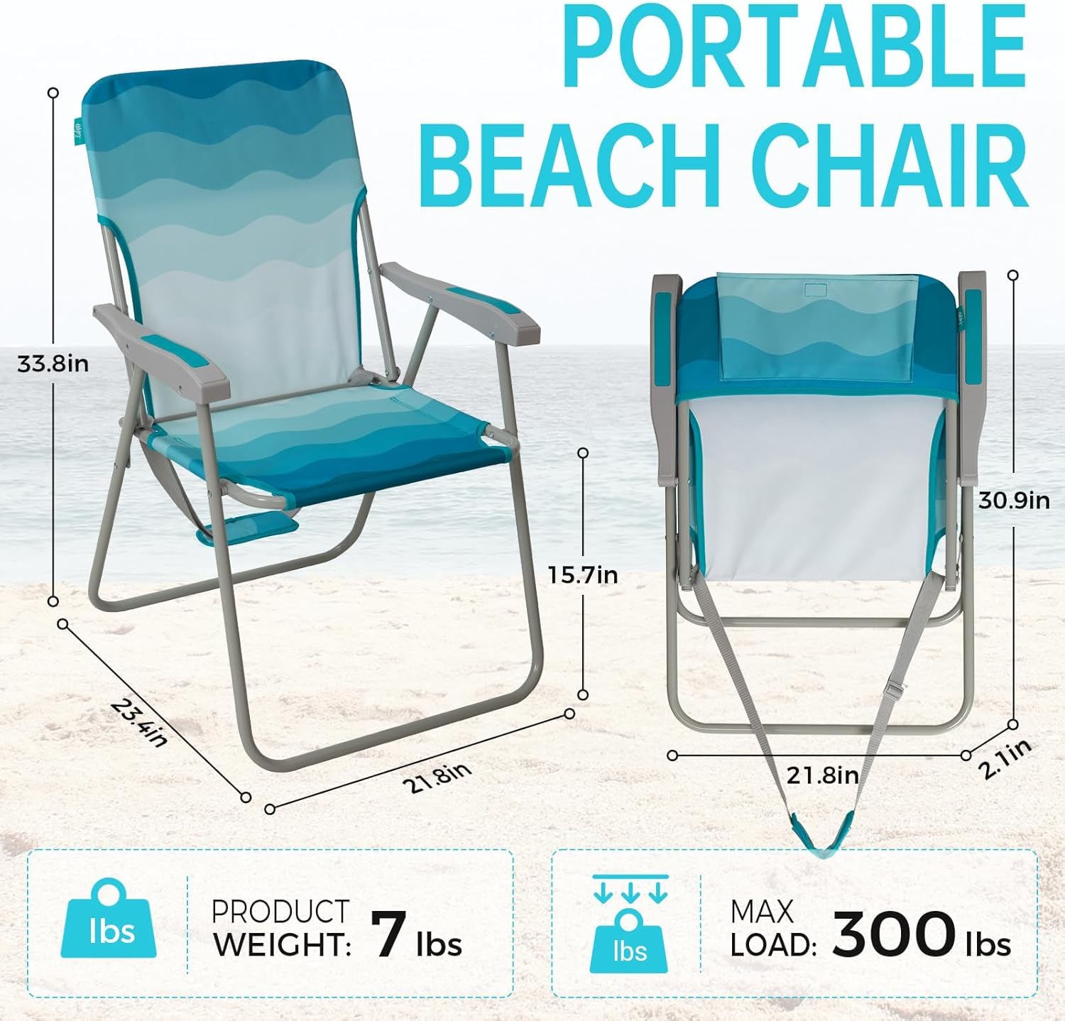 Folding Beach Chair High Back Lightweight Cyan White