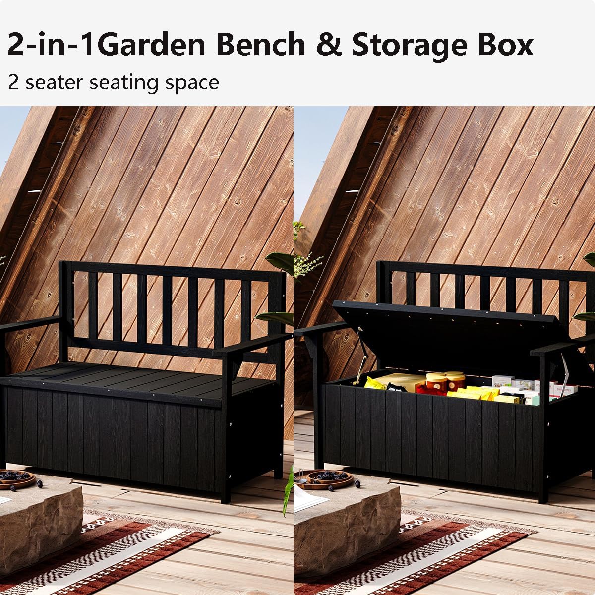 2 Seater Wooden Garden Storage Bench 135L Outdoor Patio Seat Black