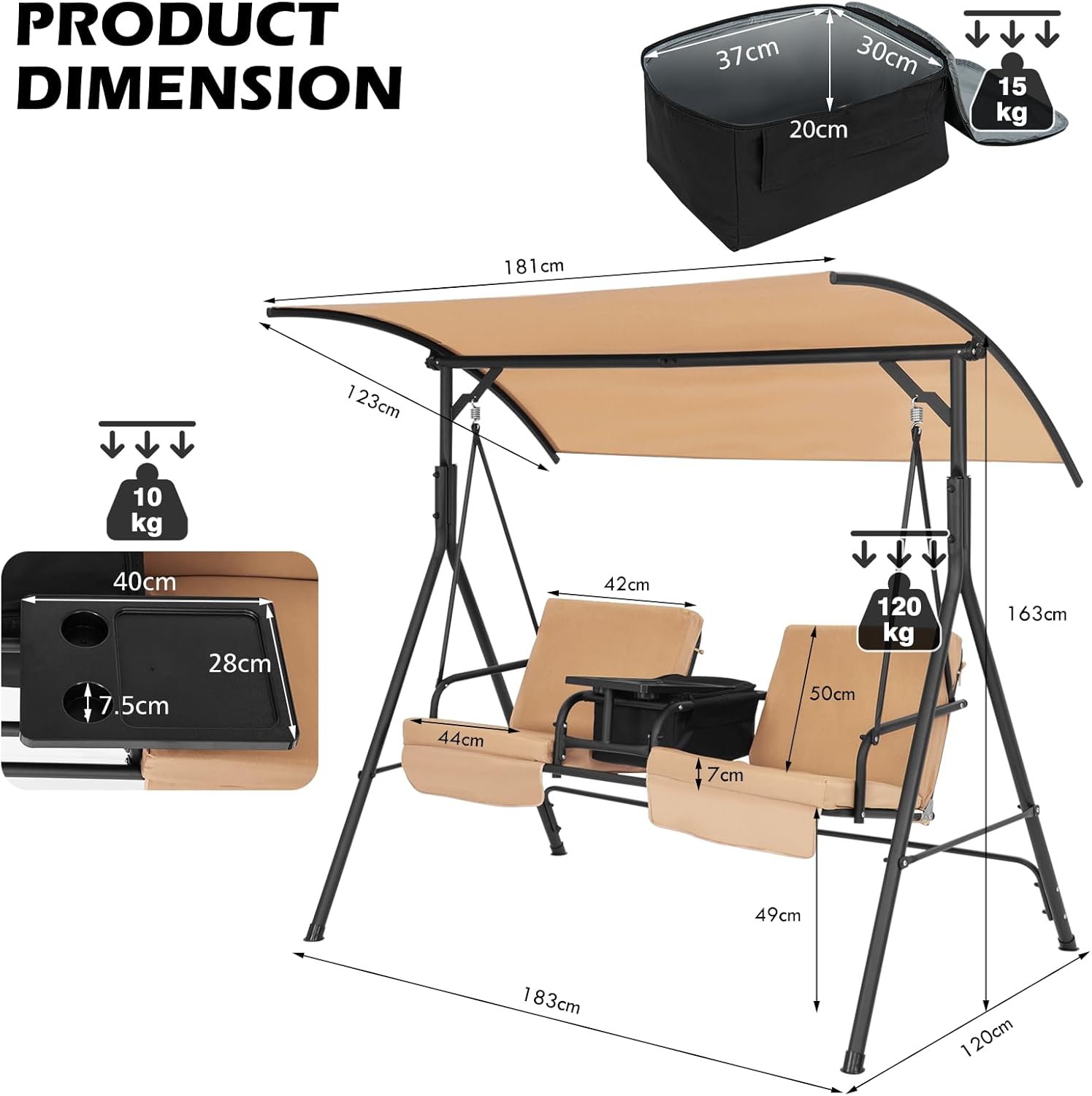 2 Person Garden Swing Chair Beige Canopy Cooler Tray
