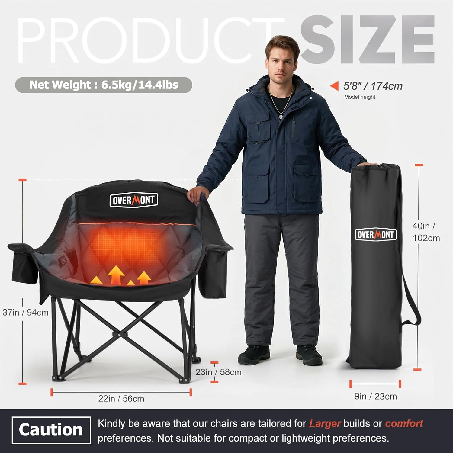 Heated XL Camping Chair 400lb Oversized Padded Black