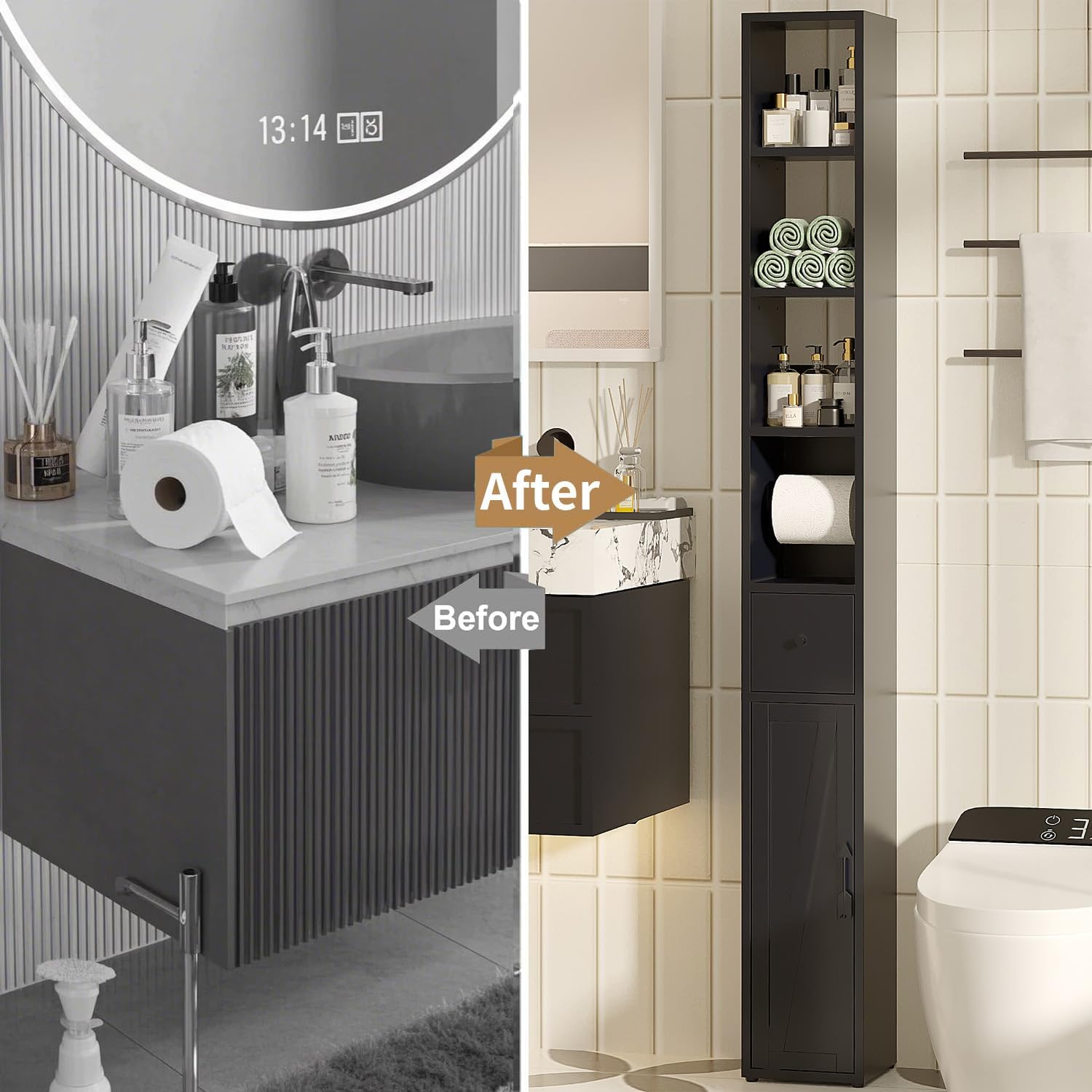 Slim Tall Bathroom Cabinet Black Adjustable Shelf Tissue Holder