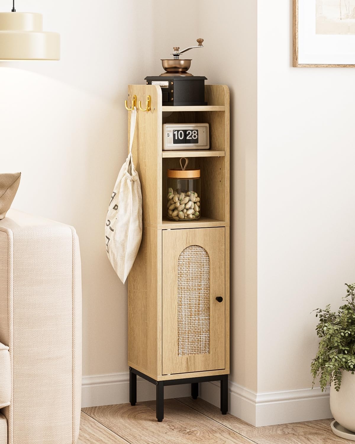 Slim Tall Bathroom Storage Cabinet Waterproof Oak Rattan Unit